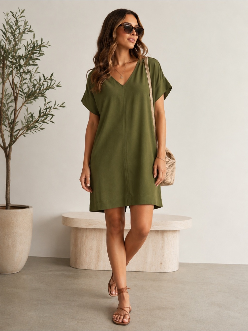Madewell Olive Green V Neck Shift T Shirt Dress Size Small Minimalist Casual